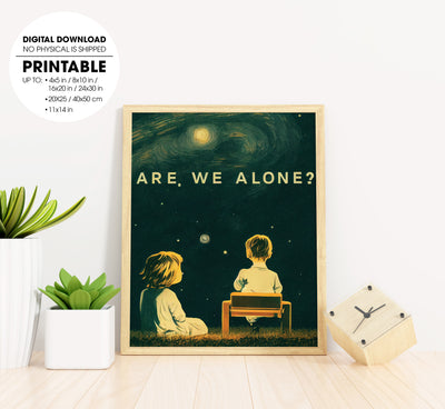 Are We Alone Lonely Young Boy And Girl, A Starry Night, Grassy Field, Poster Design, Printable Art