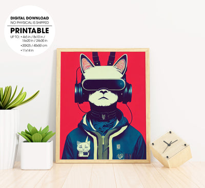 Cat Wearing Vr Headset With Cat Ears, Modern Cat Wear Earphone, Poster Design, Printable Art