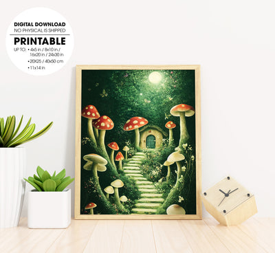 Secret Garden Of Mushroom House In Little Forest At Night, Poster Design, Printable Art