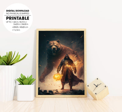 Man In Dark Clothes, Scared And Runs Away From Huge Polar Monster Bear, Poster Design, Printable Art