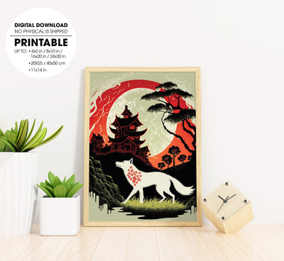 Japanese Fox With Big Moon, Japanese Style, Japan Temple, Fox Lover, Poster Design, Printable Art