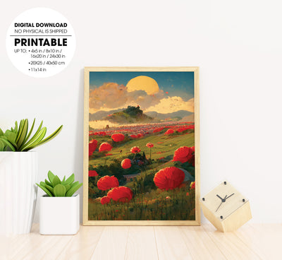 Sunset Hills With A Field Of Poppy, Big Poppies Farm, Meadow Lover, Poster Design, Printable Art