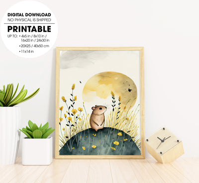 Cute Mouse In Golden Field With Nice Sky, Watercolor Art Style, Poster Design, Printable Art