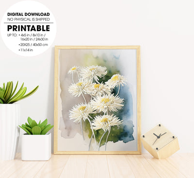 A Bunch Of Blooming Chrysanthemum, Watercolor White Flower, Poster Design, Printable Art