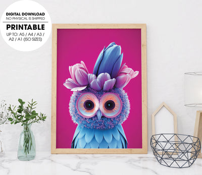 Cute Blue Owl Inside A Tulip In A Pink Coulour Design, Adorable Bird, Poster Design, Printable Art