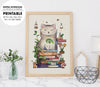 Giant Cozy Cat With Books And House Plants And Jars And Mushroom, Bookworm Gift, Poster Design, Printable Art