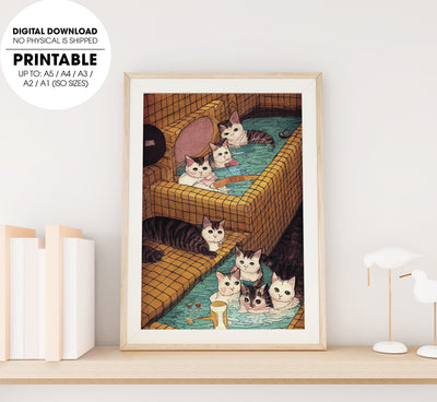 Quirky Underground Comic Style Illustration, Bath House Onsen Cats, Poster Design, Printable Art