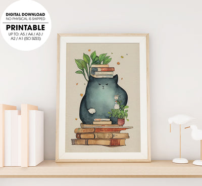 A Giant Cozy Cat With Books And House, Anime Cat, Bookworm, Poster Design, Printable Art