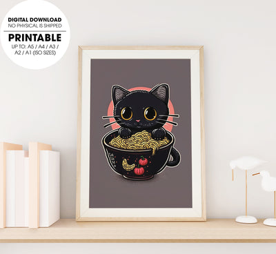 Cute Kawaii Black Cat Kitten Ramen, Cute Kitten Love Japanese Noodles, Poster Design, Printable Art