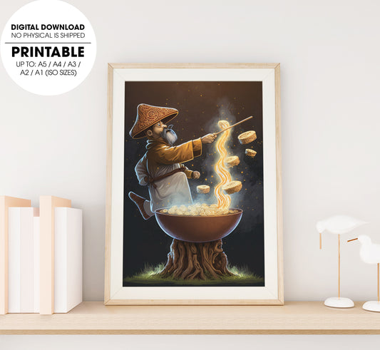 Ramen Wizard Casting Mushroom Magic, A Man Witch With A Pot Of Noodles, Poster Design, Printable Art