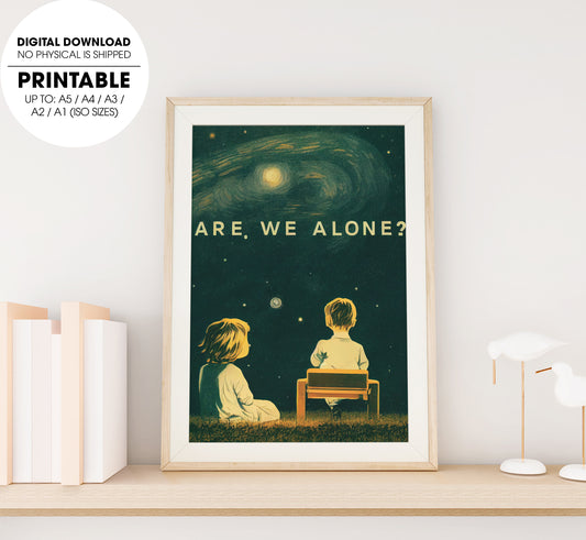 Are We Alone Lonely Young Boy And Girl, A Starry Night, Grassy Field, Poster Design, Printable Art