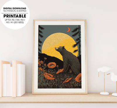 Woodblock Woodcut California Bear, Bear Under The Moon And The Forest, Poster Design, Printable Art