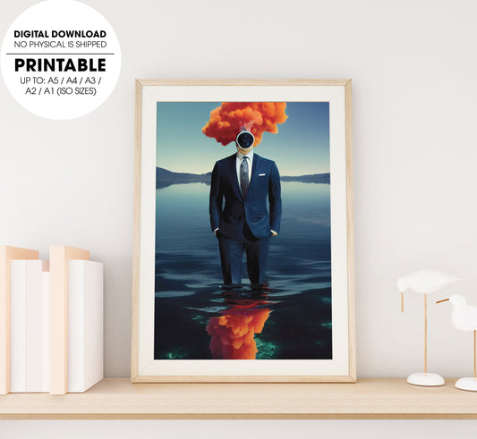 Gentleman In Suit, Floating In Deep Blue Peaceful Lagoon, Ball Man, Poster Design, Printable Art