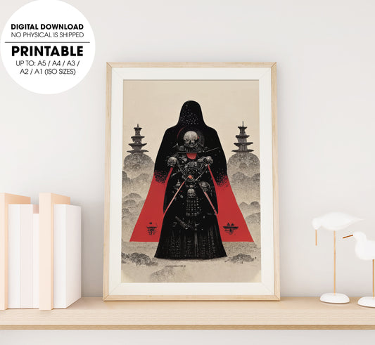 A Warrior Samurai Skull Vader Fantasy Style Tarot Card Red Black Grey, Poster Design, Printable Art