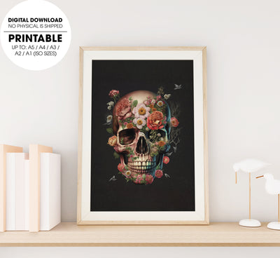 The Skull Covered By Flowers, Skull So Art With Flowers Blossom, Poster Design, Printable Art