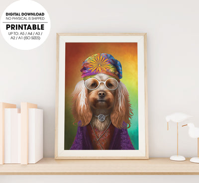 Dog Dressed As A Hippie, The Dogs Hippie With Strange Necklace, Poster Design, Printable Art