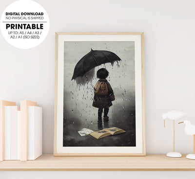 Lonely Boy, Dark Cloud Of Depression Hanging Over A Little Child, Poster Design, Printable Art