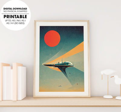 Retrofuturist Space Ship, Sun In The Background, Love Retrofuture, Poster Design, Printable Art