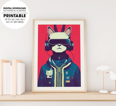 Cat Wearing Vr Headset With Cat Ears, Modern Cat Wear Earphone, Poster Design, Printable Art