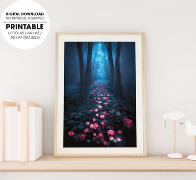 Dark Rose Forest. A Rose Path, Long Floating Blue Roses On The Ground, Poster Design, Printable Art