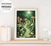 Secret Garden Of Mushroom House In Little Forest At Night, Poster Design, Printable Art