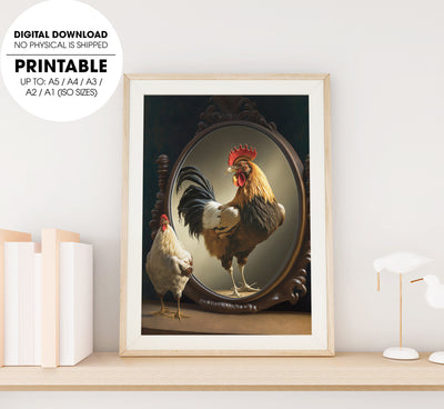A Rooster Looking Into A Mirror With The Reflection Of A Baby Chicken, Poster Design, Printable Art
