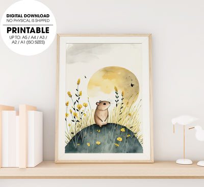 Cute Mouse In Golden Field With Nice Sky, Watercolor Art Style, Poster Design, Printable Art