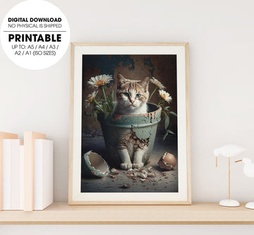 Cute Cat And Broken Flower Pots With Blooming Chrysanthemum, Poster Design, Printable Art