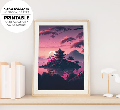 Japanese Temple On An Island In The Distance During A Pink Sunrise, Poster Design, Printable Art