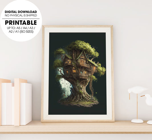 Next Door Tree House, Fantasy Fairy House, Fairy Tree Houses, Poster Design, Printable Art