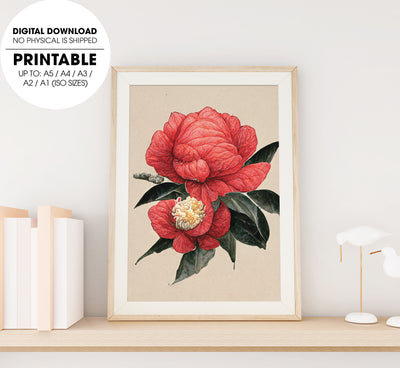 Elegant Camellia Flowers, Red Camellia Retro Watercolor Style, Poster Design, Printable Art