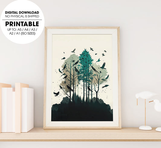 Birds And Trees, Wild Landscape Digital Art, Watercolor Art, Poster Design, Printable Art