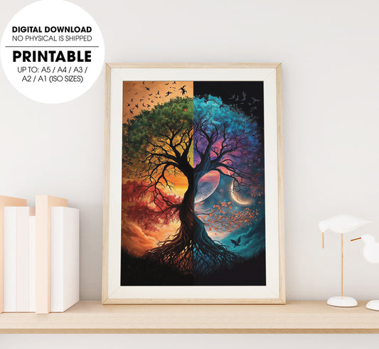 A Beautiful Painting With Tree Of Life, Picture Of Day And Night, Poster Design, Printable Art