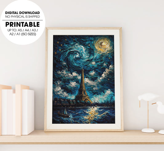 Van Gogh Style Starry Night With Background As Paris With Eiffel Tower, Poster Design, Printable Art