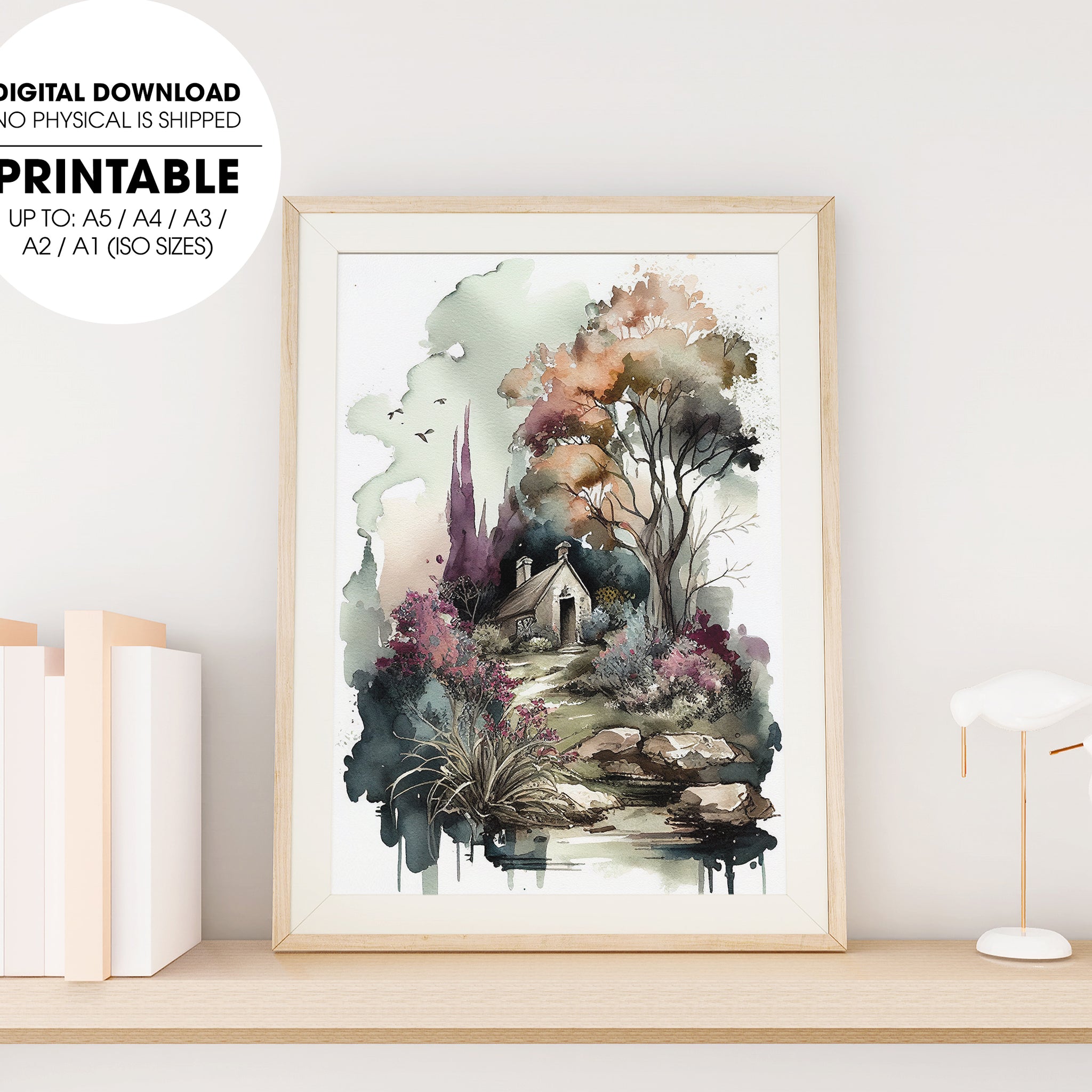 Landscape In Watercolor With A Fairy Garden, House On Hill, A Fairy Garden, Poster Design, Printable Art