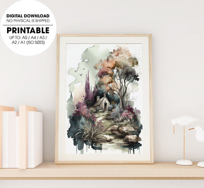 Landscape In Watercolor With A Fairy Garden, House On Hill, A Fairy Garden, Poster Design, Printable Art