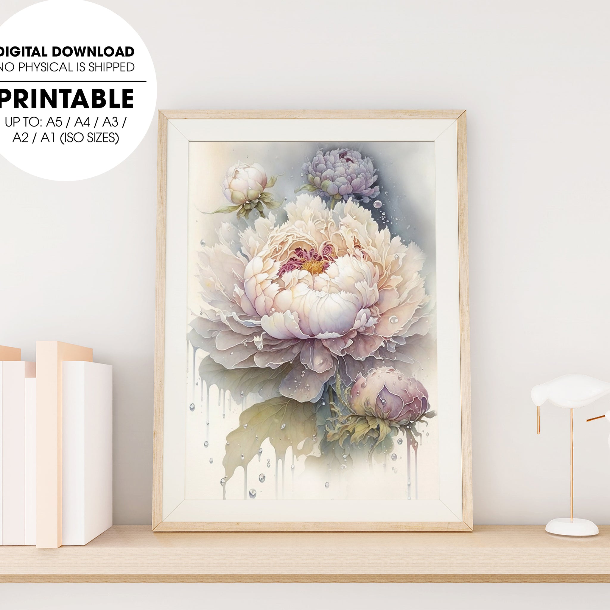 Peony Flowers, Floral Watercolor, White Peony With Dew Drops, Poster Design, Printable Art
