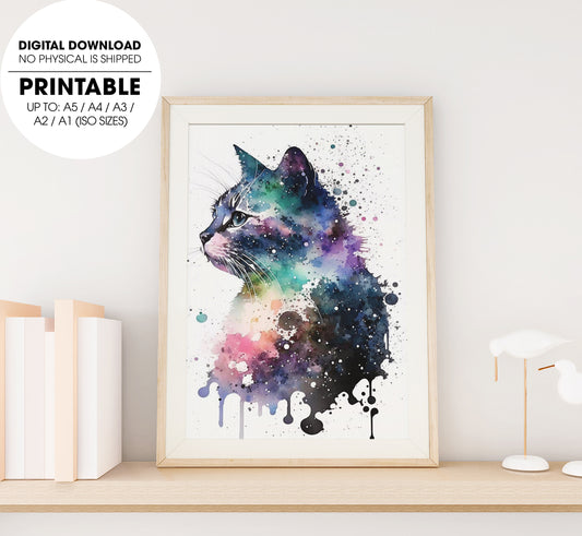 Watercolor Cat, Wisgchy Cat Cartoon Style, Minimaliste Style, Colorfull Cat, Poster Design, Printable Art