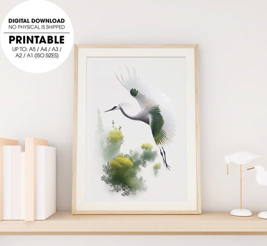 A Very Beautiful White Crested Crane, Beautiful Spring View Amazing Nature, Poster Design, Printable Art