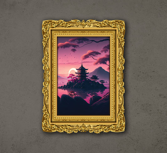 Japanese Temple On An Island In The Distance During A Pink Sunrise, Poster Design, Printable Art