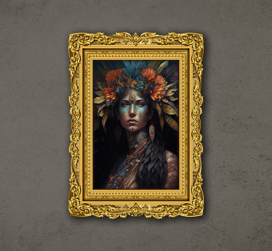 Aztec Emperor Woman Portrait Art, A Woman In Deep Jungle, Poster Design, Printable Art
