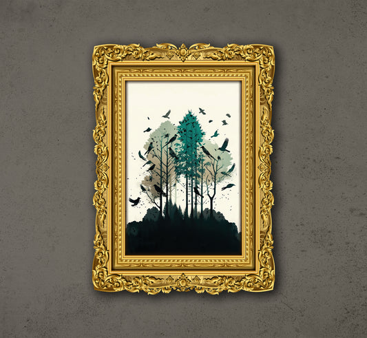 Birds And Trees, Wild Landscape Digital Art, Watercolor Art, Poster Design, Printable Art