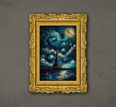 Van Gogh Style Starry Night With Background As Paris With Eiffel Tower, Poster Design, Printable Art