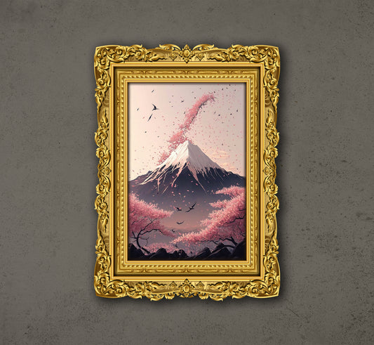 Cherry Blossoms Fly All Over Mount Fuji, Japan, Mount Fuji, Cherry Blossoms, Poster Design, Printable Art