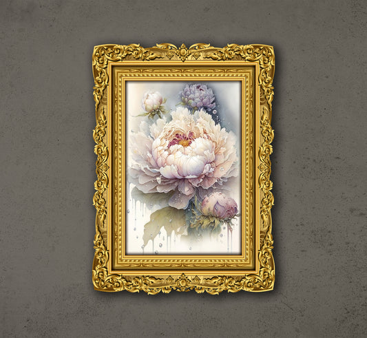 Peony Flowers, Floral Watercolor, White Peony With Dew Drops, Poster Design, Printable Art
