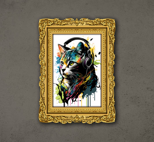 Cat Listening To Music With Headphones, Cat Watercolor, Cat With ColorFull, Poster Design, Printable Art