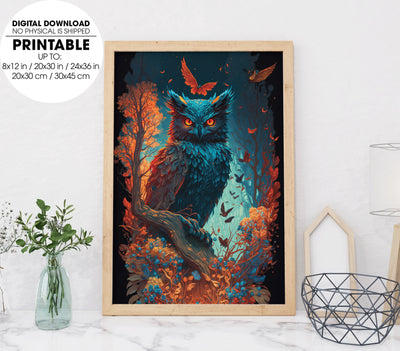Blue Owl In The Jugle, Cyborg Night Owl in the jungle, Poster Design, Printable Art