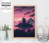 Japanese Temple On An Island In The Distance During A Pink Sunrise, Poster Design, Printable Art