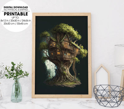 Next Door Tree House, Fantasy Fairy House, Fairy Tree Houses, Poster Design, Printable Art