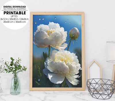 White Peonies Flower Under The Blue Sky In The Early Morning, Poster Design, Printable Art